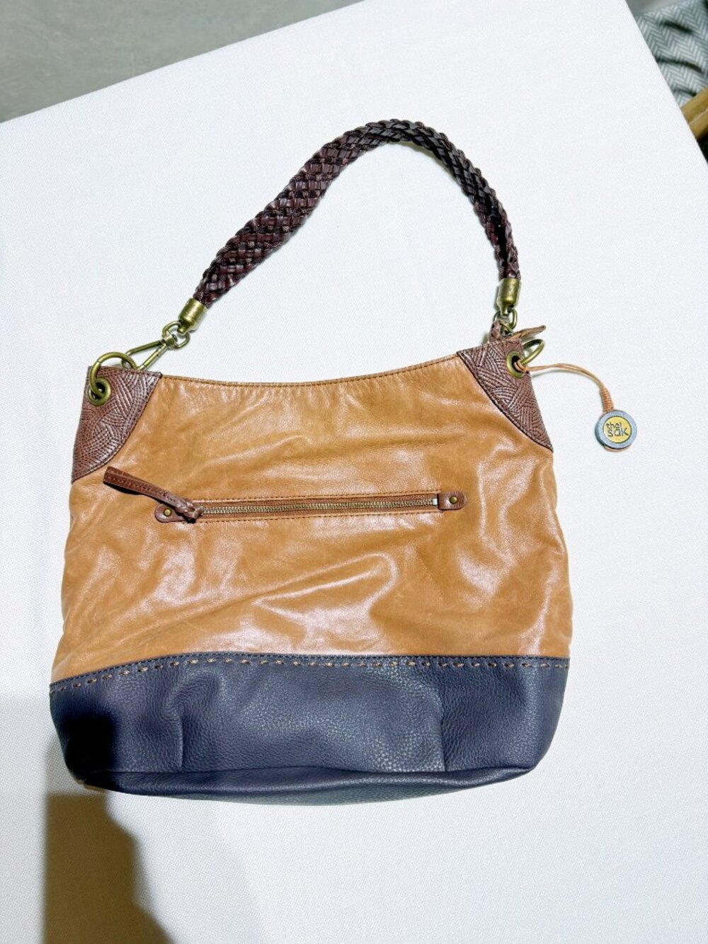 The Sak Leather Hobo Shoulder Bag Tan Brown Braided Strap